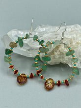 Load image into Gallery viewer, Aventurine And Amber Stone Chip Beaded Hoop Earrings, Hippie Vibe, Shabby Chic, Boho Chic, Nature Inspired, Bohemian
