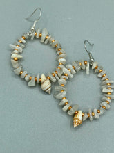 Load image into Gallery viewer, These beautiful white moon stone chip and gold glass beaded hoop earrings feature natural conch shells, perfect for a touch of nature-inspired masterful craftsmanship. A must-have accessory for those with a love of the outdoors, beach, and summertime.   Measurements: 1 3/4" length
