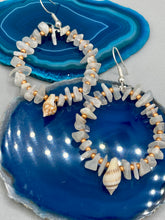 Load image into Gallery viewer, Natural white moon stone chip with white and gold glass beaded hoop earrings with super tiny natural conch shells.  Nature lovers, beach vibes, summer earring will compliment any look.   Measurements: 2&quot; length

