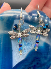 Load image into Gallery viewer, Blue silver iridescent glass beads fish hook style earrings nickel free and 1 1/2” Height
