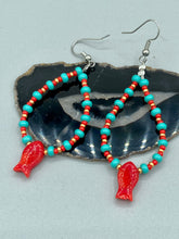 Load image into Gallery viewer, Southwestern Style Inspired Adjustable Choker Beaded Necklace, Turquoise And Red Glass Beads, Wide Silver Plated Tribal Pattern Pendant
