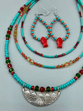 Load image into Gallery viewer, Southwestern Style Inspired Adjustable Choker Beaded Necklace, Turquoise And Red Glass Beads, Wide Silver Plated Tribal Pattern Pendant
