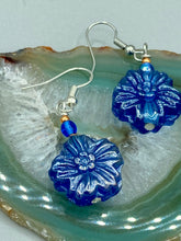 Load image into Gallery viewer, Dark Blue Violet Pressed Glass Floral Beaded earrings with a fish hook style closure. 1 1/4&quot; length
