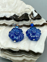 Load image into Gallery viewer, This Dark Blue Violet Floral Pressed Glass Beaded Earrings feature a captivating iridescent shimmer finish that adds beautiful detail. Measurements: 1 1/4&quot; length
