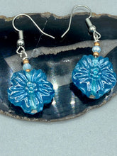 Load image into Gallery viewer, Light Blue Floral Pressed Glass Beaded Earrings, Hippie Vibe, Shabby Chic, Boho Chic, Nature Inspired, Bohemian
