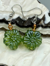 Load image into Gallery viewer, Light Green Floral Pressed Glass Beaded Earrings, Hippie Vibe, Shabby Chic, Boho Chic, Nature Inspired, Bohemian
