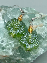 Load image into Gallery viewer, Light Green Floral Pressed Glass Beaded Earrings, Hippie Vibe, Shabby Chic, Boho Chic, Nature Inspired, Bohemian
