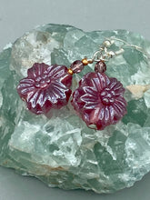 Load image into Gallery viewer, Add a touch of bohemian style to your look with these unique light purple pink flower glass earrings. Featuring detailed pressed glass beads and an iridescent shimmer finish, these earrings are perfect for a hippie vibe, shabby chic, or boho chic look. Nature-inspired and chic, these are the perfect earrings for any occasion. Measurements: 1 1/4&quot; length
