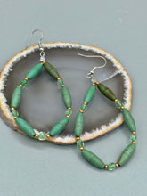 Load image into Gallery viewer, Crafted with exquisite detail, these Forest Green Magnesite Stone and Light Green and Gold Glass Beaded Fish Hook Earrings are perfect for any Hippie Vibe, Shabby Chic, Boho Chic, Nature Inspired, or Bohemian look. Measurements: 2 1/2&quot; length 
