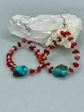 Load image into Gallery viewer, Bamboo Coral Stone Chip And Turquoise Stone Beaded Hoop Earrings, Hippie Vibe, Shabby Chic, Boho Chic, Nature Inspired, Bohemian

