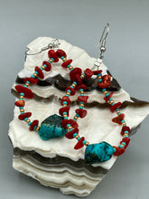 Load image into Gallery viewer, Bamboo Coral Stone Chip And Turquoise Stone Beaded Hoop Earrings, Hippie Vibe, Shabby Chic, Boho Chic, Nature Inspired, Bohemian
