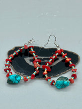 Load image into Gallery viewer, Bamboo Coral Stone Chip And Turquoise Stone Beaded Hoop Earrings, Hippie Vibe, Shabby Chic, Boho Chic, Nature Inspired, Bohemian

