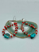 Load image into Gallery viewer, Bamboo Coral Stone Chip And Turquoise Stone Beaded Hoop Earrings, Hippie Vibe, Shabby Chic, Boho Chic, Nature Inspired, Bohemian
