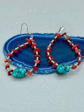 Load image into Gallery viewer, Bamboo Coral Stone Chip And Turquoise Stone Beaded Hoop Earrings, Hippie Vibe, Shabby Chic, Boho Chic, Nature Inspired, Bohemian
