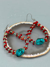 Load image into Gallery viewer, Bamboo Coral Stone Chip And Turquoise Stone Beaded Hoop Earrings, Hippie Vibe, Shabby Chic, Boho Chic, Nature Inspired, Bohemian
