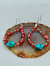 Load image into Gallery viewer, Bamboo Coral Stone Chip And Turquoise Stone Beaded Hoop Earrings, Hippie Vibe, Shabby Chic, Boho Chic, Nature Inspired, Bohemian

