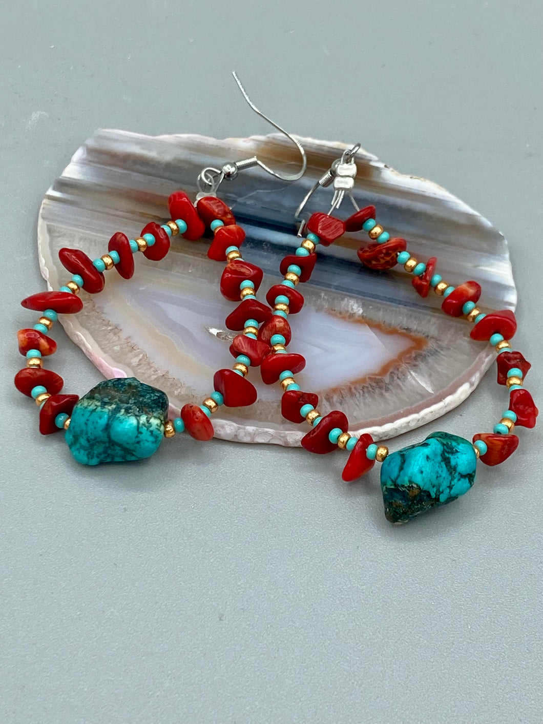 Bamboo Coral Stone Chip And Turquoise Stone Beaded Hoop Earrings, Hippie Vibe, Shabby Chic, Boho Chic, Nature Inspired, Bohemian