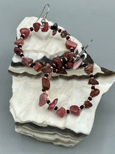 Load image into Gallery viewer, Rhodonite Stone Chip Beaded Hoop Earrings, Hippie Vibe, Shabby Chic, Boho Chic, Nature Inspired, Bohemian
