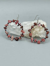 Load image into Gallery viewer, Rhodonite Stone Chip Beaded Hoop Earrings, Hippie Vibe, Shabby Chic, Boho Chic, Nature Inspired, Bohemian
