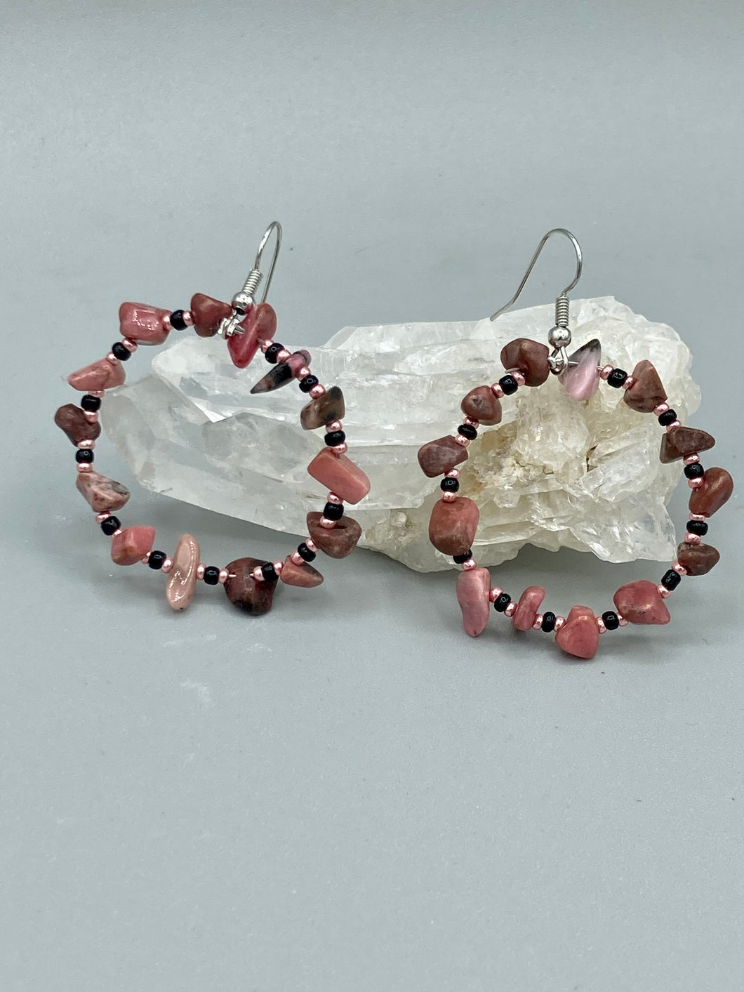 Rhodonite Stone Chip Beaded Hoop Earrings, Hippie Vibe, Shabby Chic, Boho Chic, Nature Inspired, Bohemian