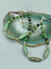 Load image into Gallery viewer, Fashionable forest green magnesite and ruby zoisite stone beaded fish hook earrings complete the hippie vibe, shabby chic, boho chic, and nature-inspired bohemian look.  Measurements: 2 1/2&quot; length 
