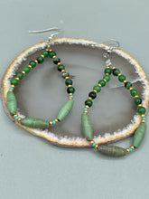 Load image into Gallery viewer, Fashionable forest green magnesite and ruby zoisite stone beaded fish hook earrings complete the hippie vibe, shabby chic, boho chic, and nature-inspired bohemian look. Measurements: 2 1/2&quot; length 
