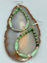 Load image into Gallery viewer, Fashionable forest green magnesite and ruby zoisite stone beaded fish hook earrings complete the hippie vibe, shabby chic, boho chic, and nature-inspired bohemian look.  Measurements: 2 1/2&quot; length 
