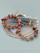 Load image into Gallery viewer, These Rhodonite Stone Chip Beaded Hoop Earrings feature natural rhodonite stones and light purple and gold glass beads for a shabby chic, boho chic, and nature-inspired bohemian look. Measurements: 1&quot; length
