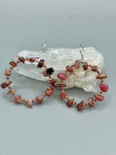 Load image into Gallery viewer, These Rhodonite Stone Chip Beaded Hoop Earrings feature natural rhodonite stones and light purple and gold glass beads for a shabby chic, boho chic, and nature-inspired bohemian look. Measurements: 1&quot; length
