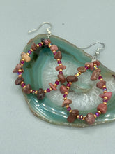 Load image into Gallery viewer, These pure rhodonite stone chip earrings with lustrous fuchsia and gold glass beading boast shimmering accents of blue, gold, and purple. Measurements: 2 1/4&quot; length
