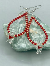 Load image into Gallery viewer, This pair of earrings contains intricately detailed koi-shaped glass beads, beaded along with dark red and gold glass beads. The koi fish beads feature fins and an eye, adding a visual element of realism to the piece. Perfect for creating a Hippie Vibe, Boho Chic, Nature Inspired, and Bohemian style.  Measurements: 2” in length   
