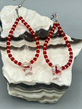 Load image into Gallery viewer, This pair of earrings contains intricately detailed koi-shaped glass beads, beaded along with dark red and gold glass beads. The koi fish beads feature fins and an eye, adding a visual element of realism to the piece. Perfect for creating a Hippie Vibe, Boho Chic, Nature Inspired, and Bohemian style.  Measurements: 2” in length   
