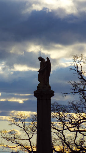 This Cemetery Angel sympathy card is a thoughtful way to express your condolences to a grieving family. The touching image of an angel standing atop a pedestal conveys the tenderness of remembrance and will help commemorate a lost loved one. The card is suitable for any occasion.