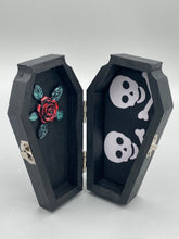 Load image into Gallery viewer, Black Wood Coffin Ring Box And Spooky But Cute Misfit VooDoo Doll

