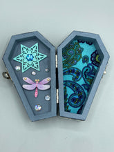 Load image into Gallery viewer, Whimsical Black Wood Coffin Ring Box And Spooky But Cute Misfit VooDoo Doll
