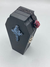 Load image into Gallery viewer, Vintage Inspired Wood Coffin Ring Box or Jewelry Box And Spooky But Cute VooDoo Doll
