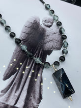 Load image into Gallery viewer, Large Black White Rectangular Pyramid Shaped Agate Natural Stone Pendant Glass Beaded Adjustable Necklace, Cocktail Attire, Shabby Chic
