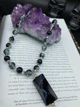 Load image into Gallery viewer, Large Black White Rectangular Pyramid Shaped Agate Natural Stone Pendant Glass Beaded Adjustable Necklace, Cocktail Attire, Shabby Chic
